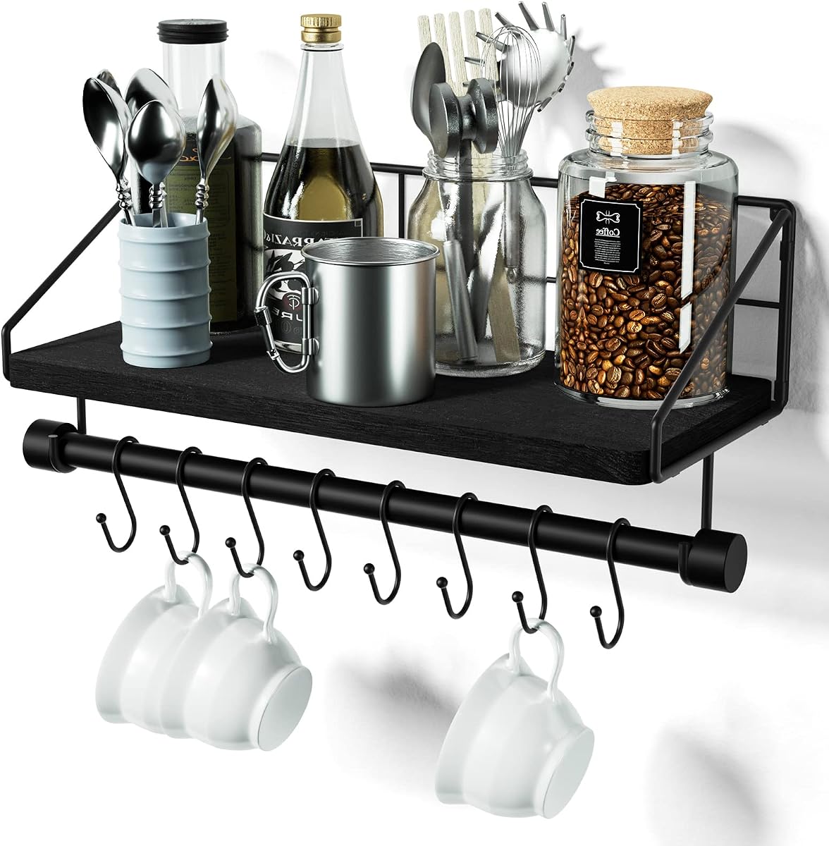 Floating Wall Shelf with Hooks - Rustic Brown product photo