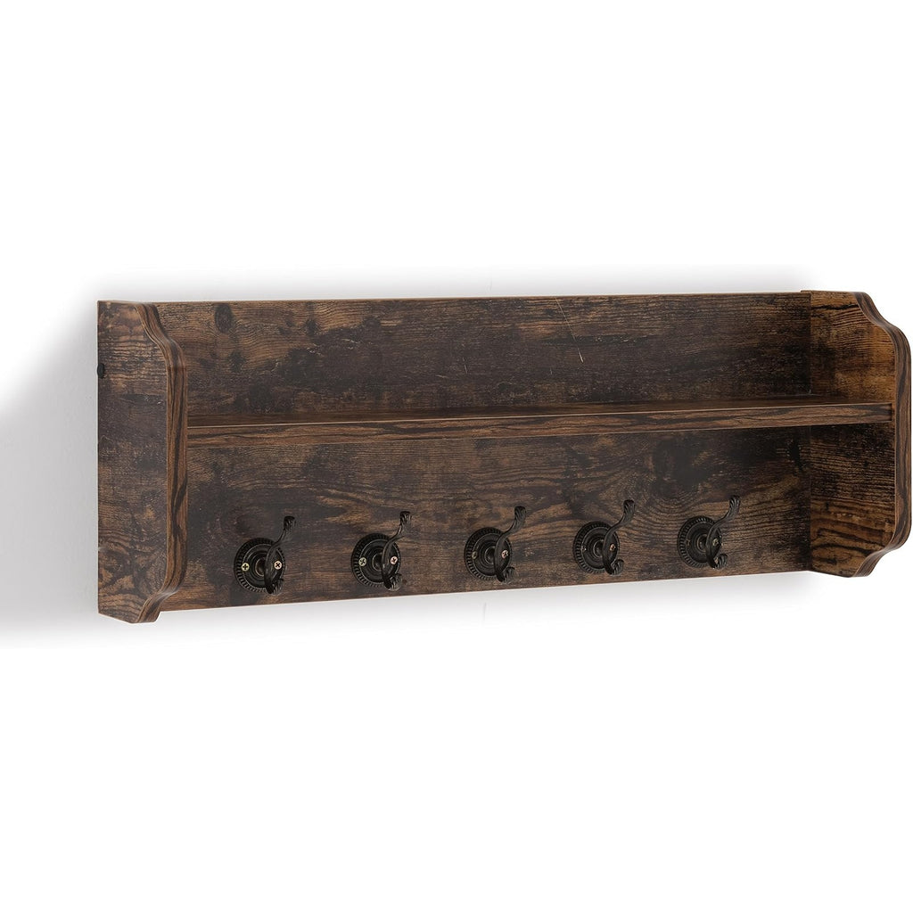Womack Marrow Homeware Floating Wall Shelf with Hooks - Rustic Brown photo